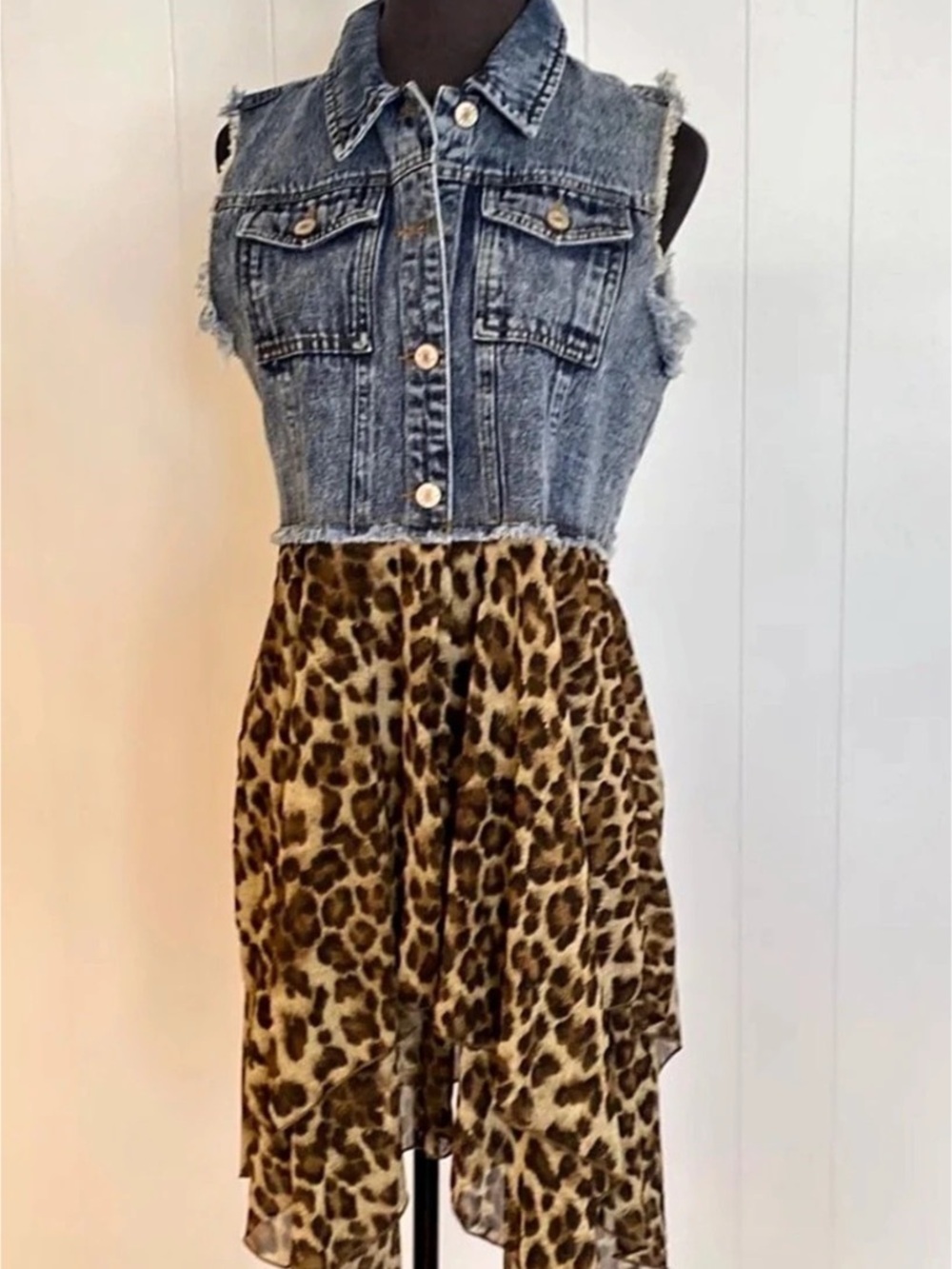 Asymmetrical Denim Vest Leopard High-Low Dress